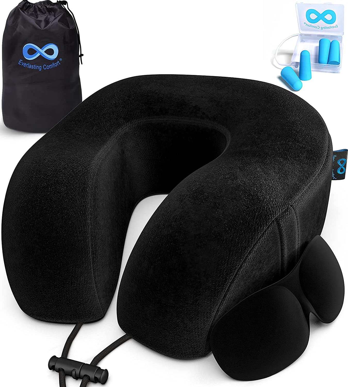 Everlasting Comfort Memory Foam Travel Pillow – Airplane Neck Rest & Plane Accessories (Black)